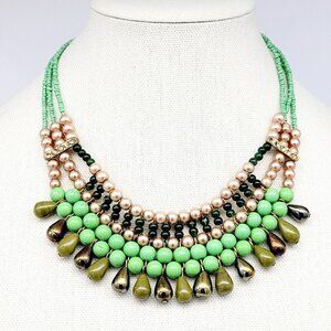Triple Strand Layered Bib Beaded Necklace Green Ceramic Faux Pearls Statement